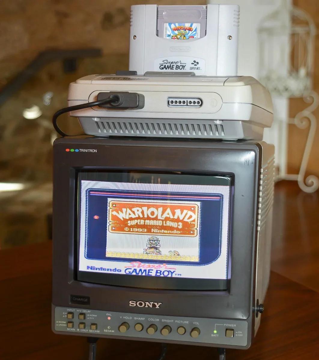 [Super Game Boy in funzione con Warioland a colori su uno splendido TRINITRON della Sony]