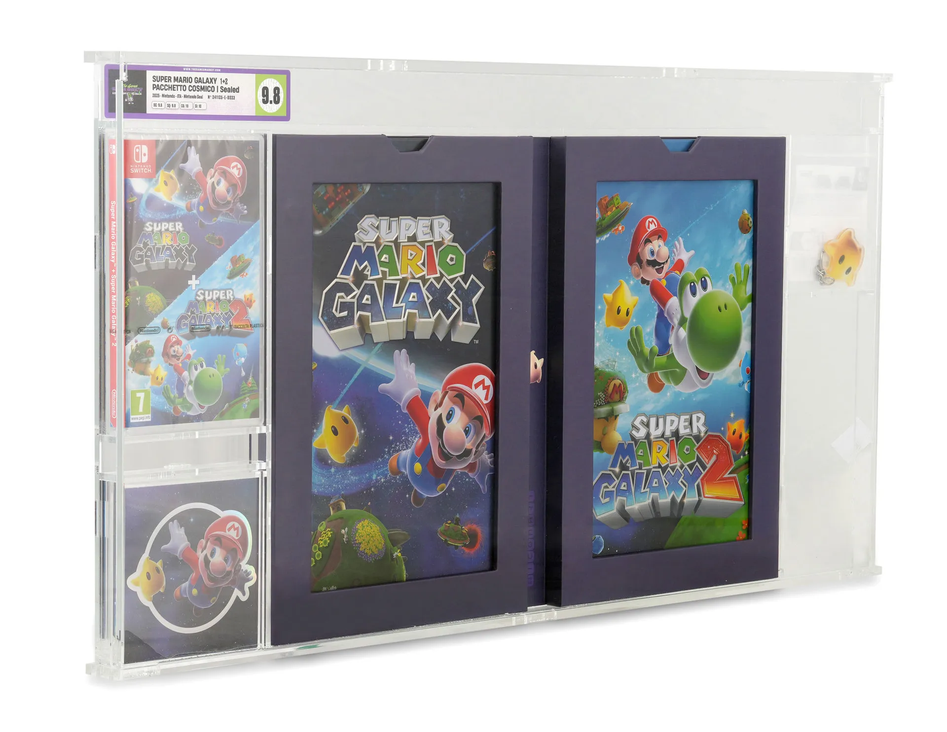Custom box TGM 'Pacchetto Cosmico' con Super Mario Galaxy 1 e Super Mario Galaxy 2 sigillati e gradati, presentati affiancati con cornice dedicata, cartiglio doppio e cartolina decorativa