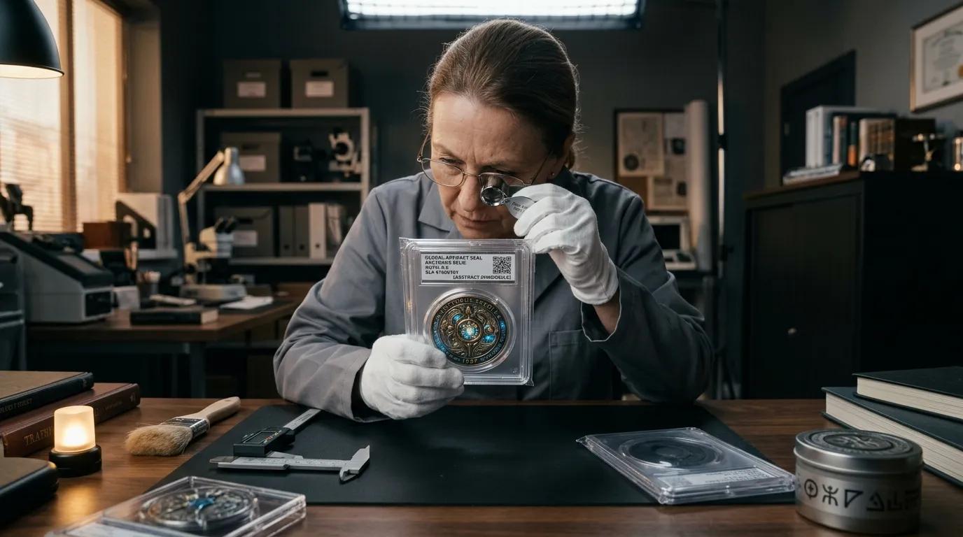 Una conservatrice esamina con la lente un videogioco da collezione gradato e sigillato, in laboratorio