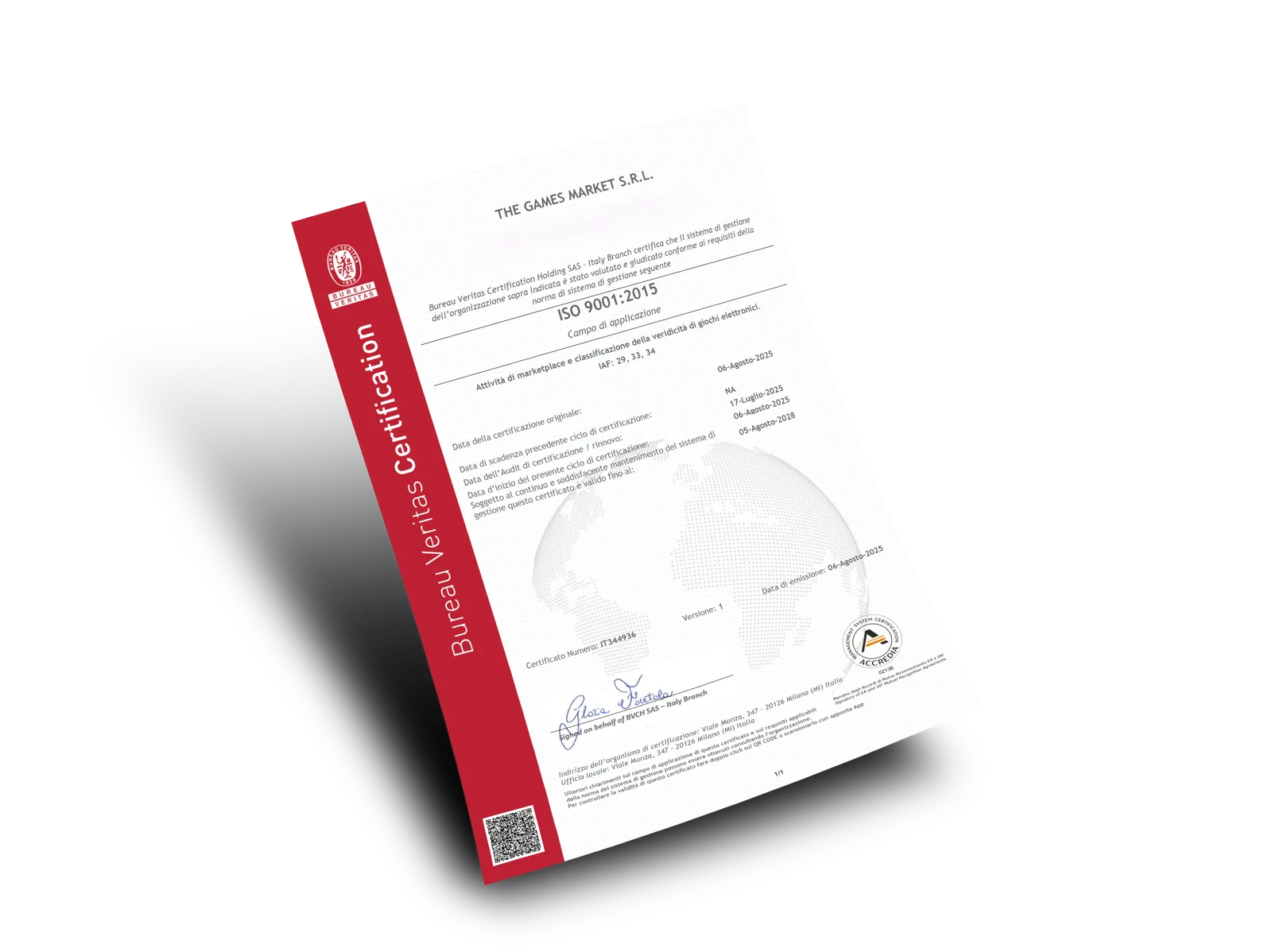 Il certificato ISO 9001:2015 di The Games Market emesso da Bureau Veritas, numero IT344936