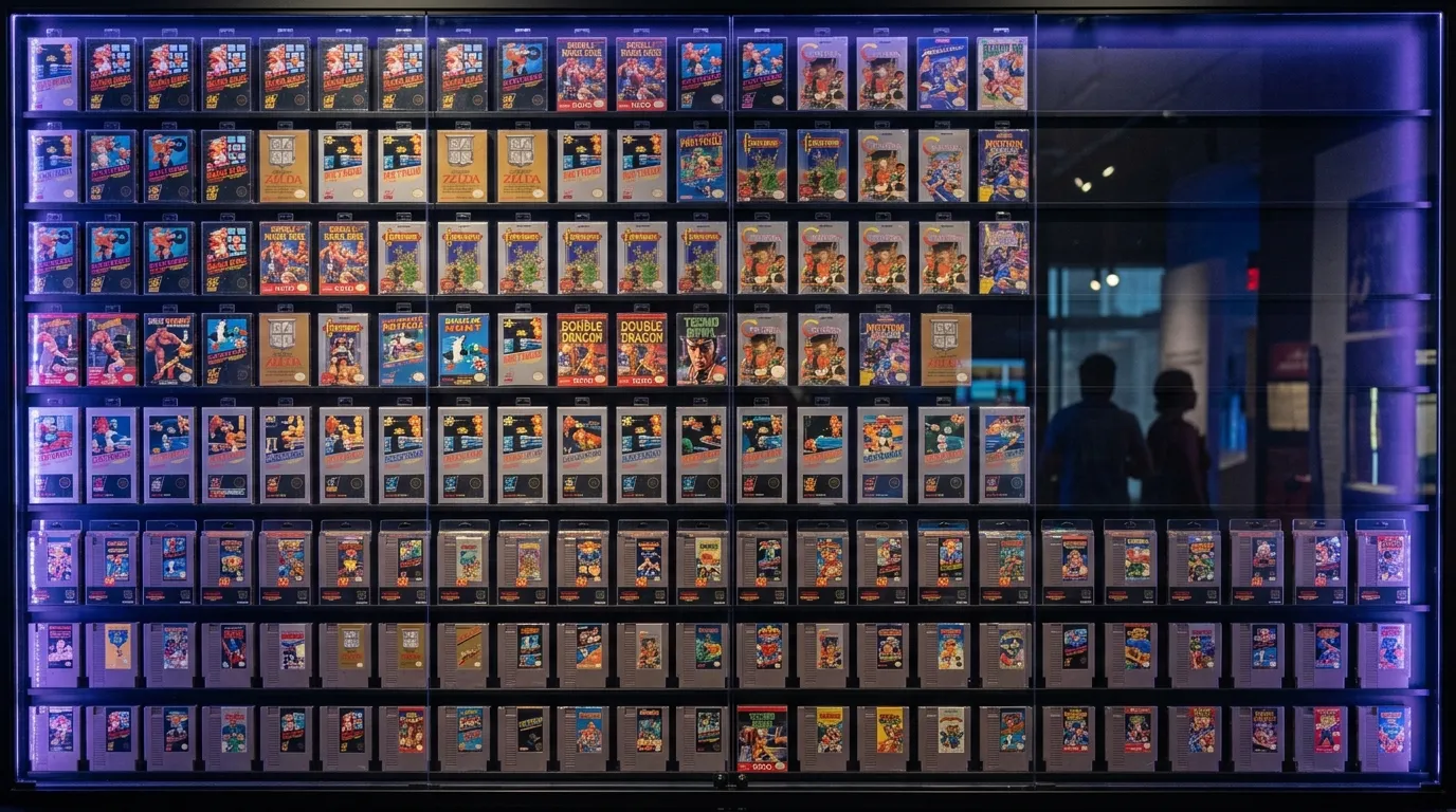 Una grande parete espositiva di videogiochi NES sigillati e incassati, illuminata, in un museo